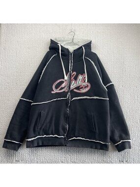 Y2K Split Hoodie Mens XL Black Full Zip Sherpa Fleece Skateboard Grunge Goth